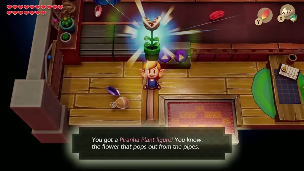 Link holding up the Piranha Plant figure with its text box Link holding up the Piranha Plant figure with its text box
