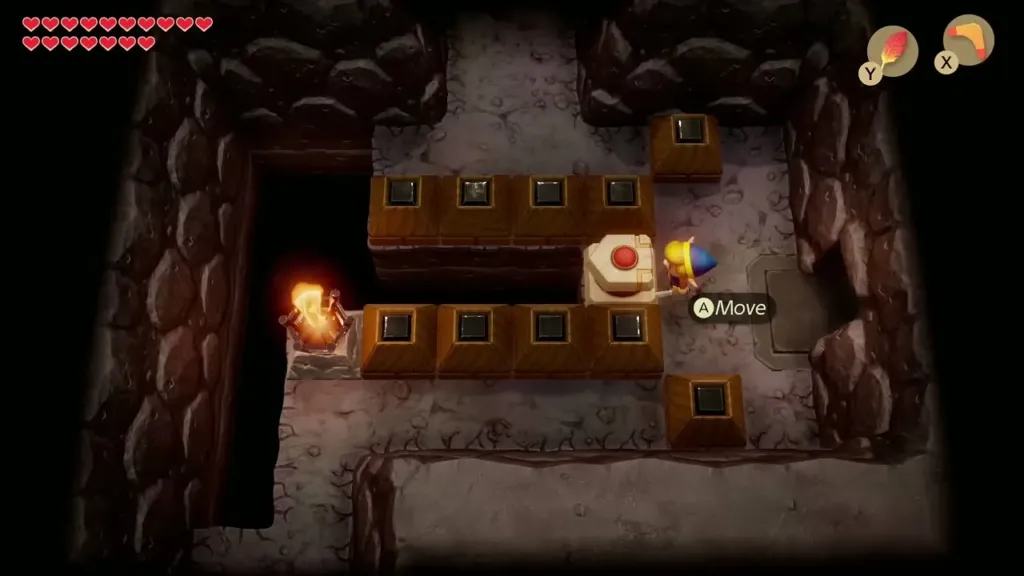 Link pushing the red-button block along a row of dungeon blocks Link pushing the red-button block along a row of dungeon blocks
