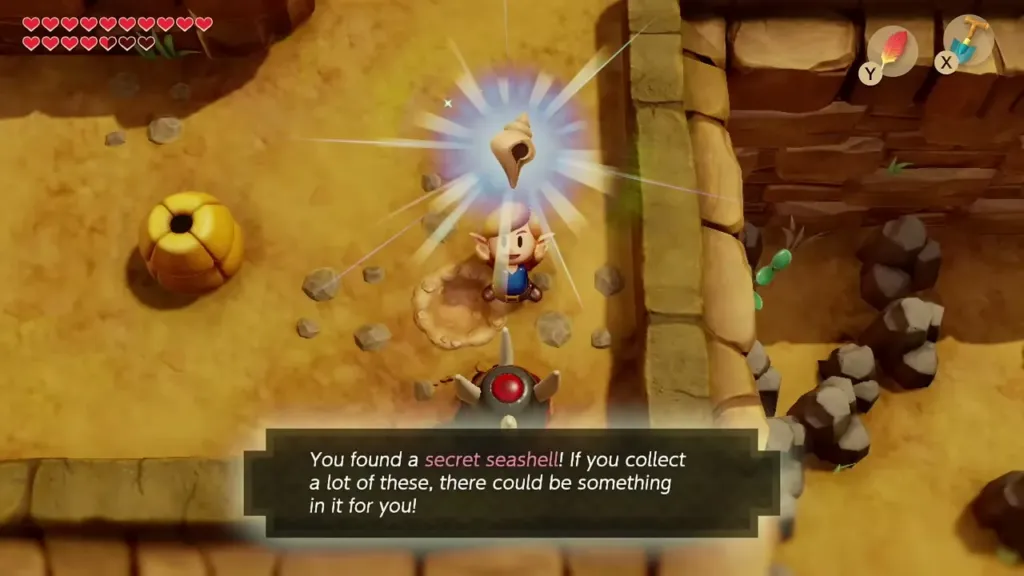 Link holding up the 50th Secret Seashell with its text box Link holding up the 50th Secret Seashell with its text box