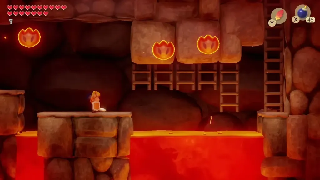 Link on a stone platform in the side-scrolling lava room with fireballs overhead Link on a stone platform in the side-scrolling lava room with fireballs overhead