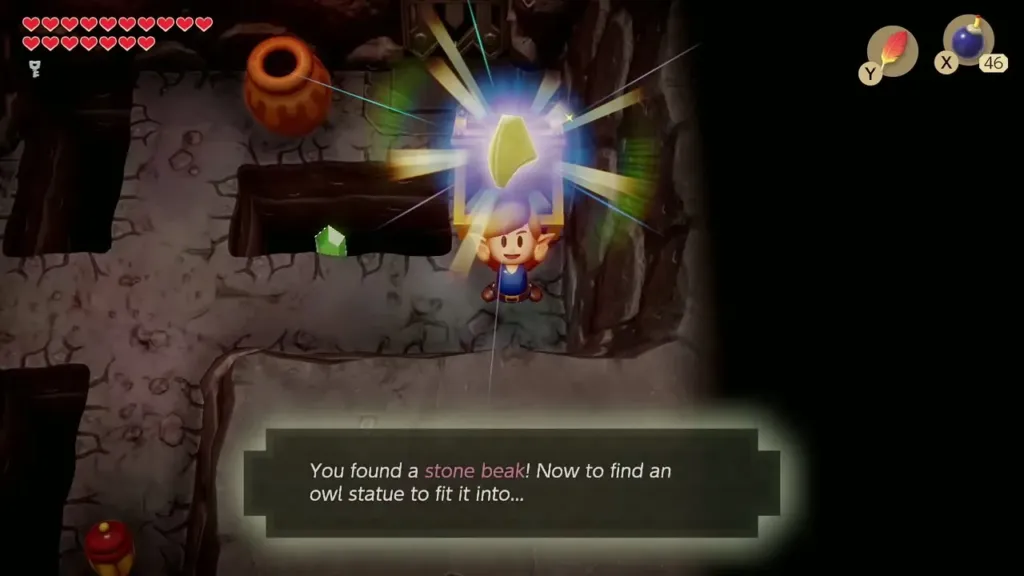 Link holding up the Stone Beak with its message box Link holding up the Stone Beak with its message box