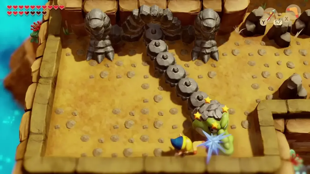 Link slashing the exposed green head of the serpent with his sword Link slashing the exposed green head of the serpent with his sword