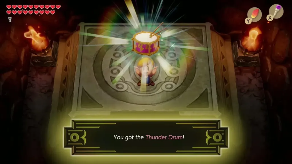 Link holds up the Thunder Drum in the shrine Link holds up the Thunder Drum in the shrine