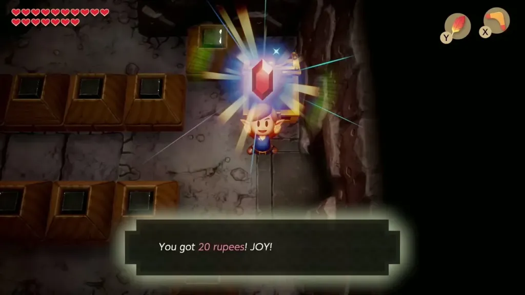 Link holding up a red rupee after opening the chest, with the 20 rupees message Link holding up a red rupee after opening the chest, with the 20 rupees message