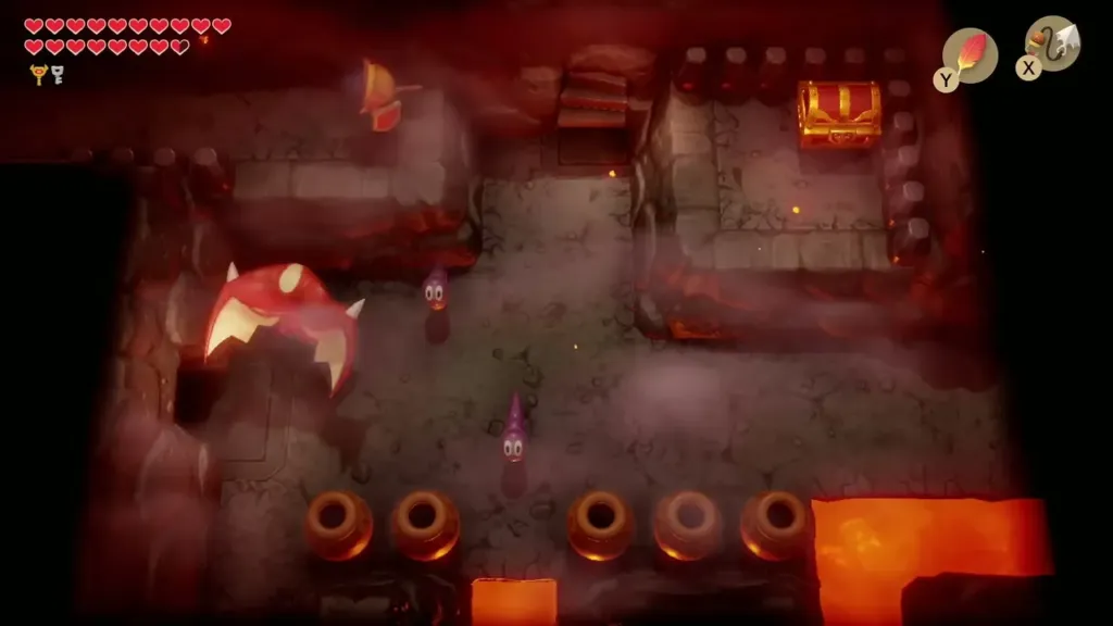Vire and enemies in the pot room beside a lava pit Vire and enemies in the pot room beside a lava pit