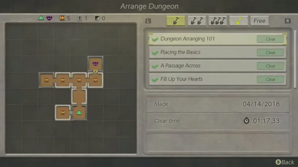 Arrange Dungeon list showing the first starter challenges marked Clear with a best time