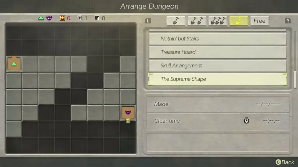 Arrange Dungeon list showing the harder presets down to The Supreme Shape, not yet cleared