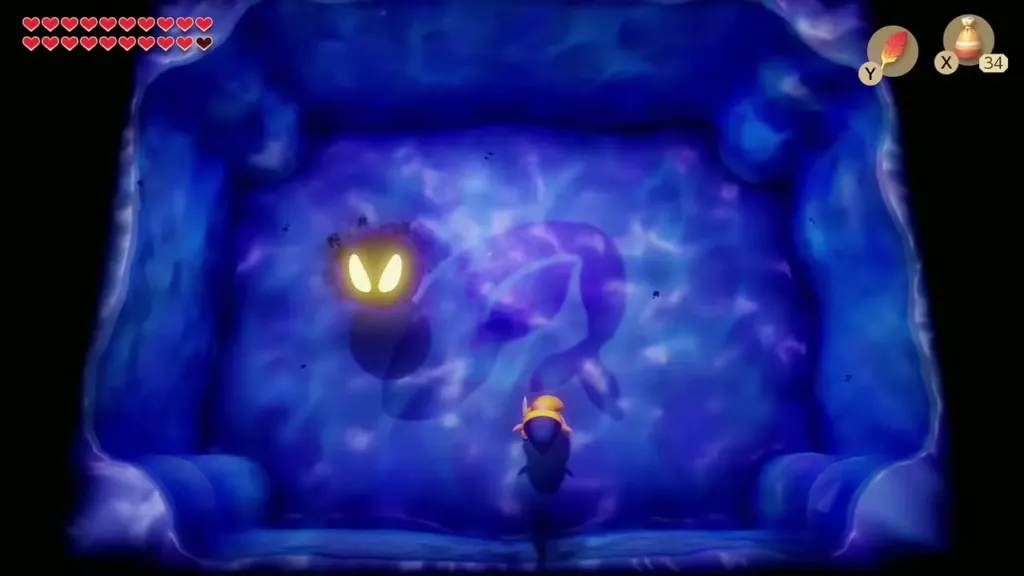 Link facing a dark shape with glowing yellow eyes in the blue arena