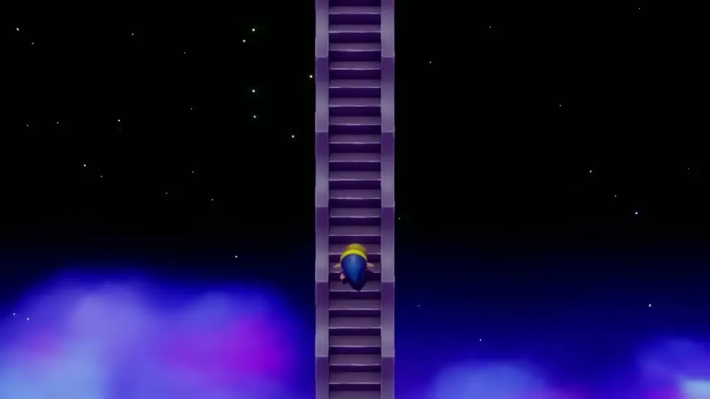 Link climbing a long staircase through the night sky