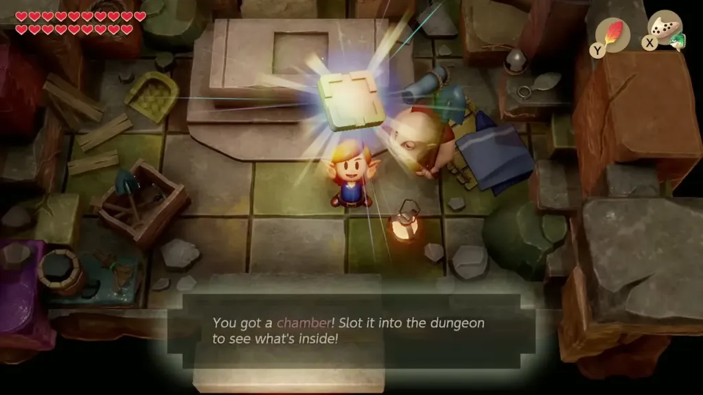 Link holding up a new chamber with the item box in Dampé's Shack