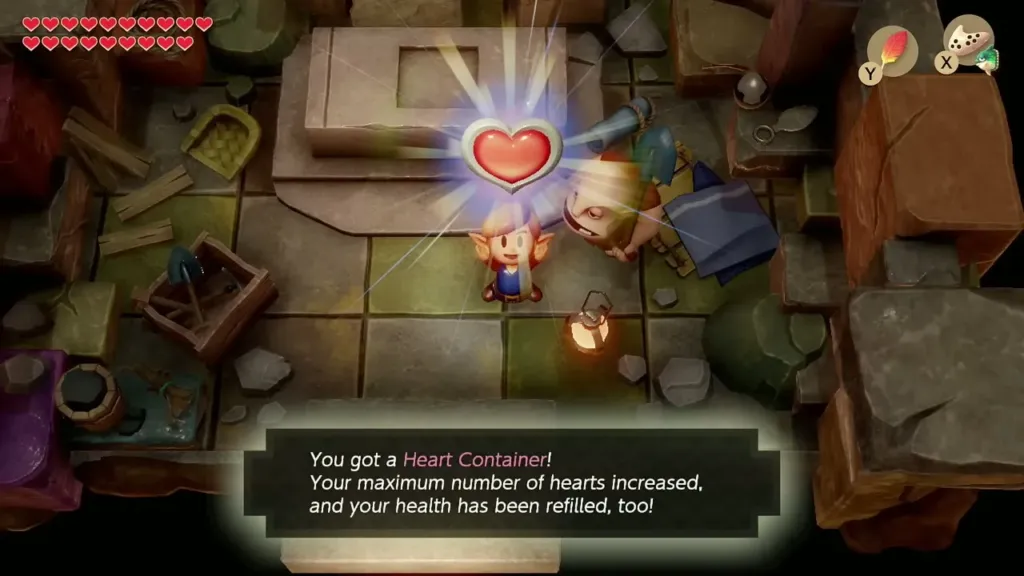 Link holding up a Heart Container at Dampé's Shack