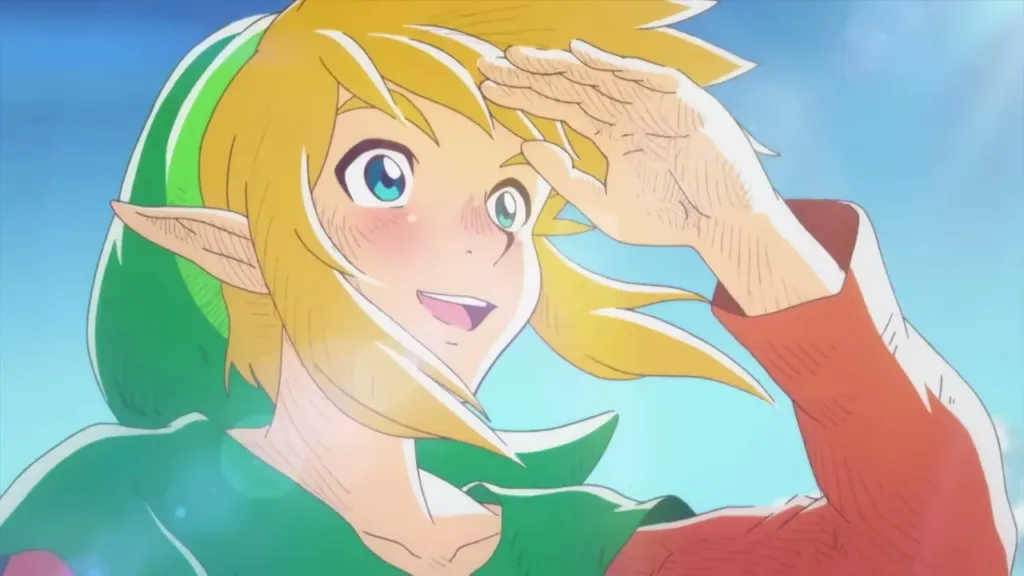 Link shading his eyes as he sails on his raft after the Wind Fish awakens