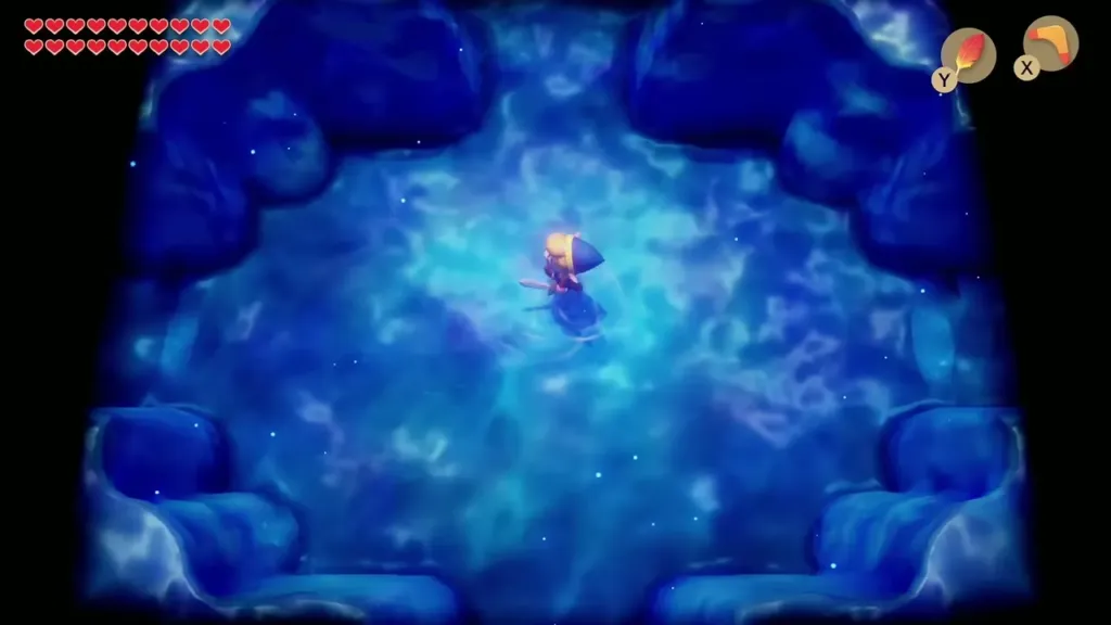 Link falling through the swirling blue void inside the Egg