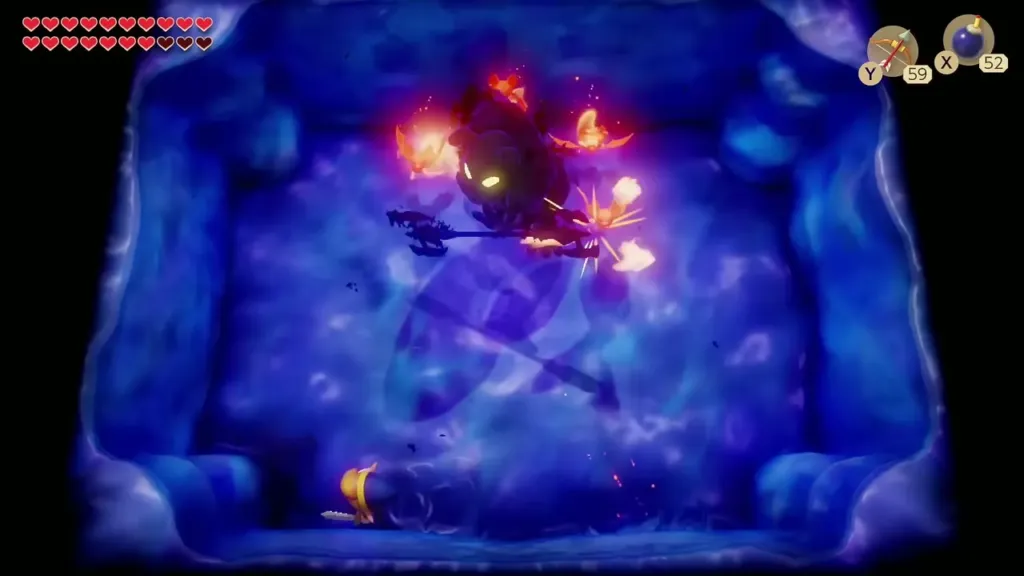 Ganon's Shadow surrounded by Fire Keese and a trident, Link at the bottom