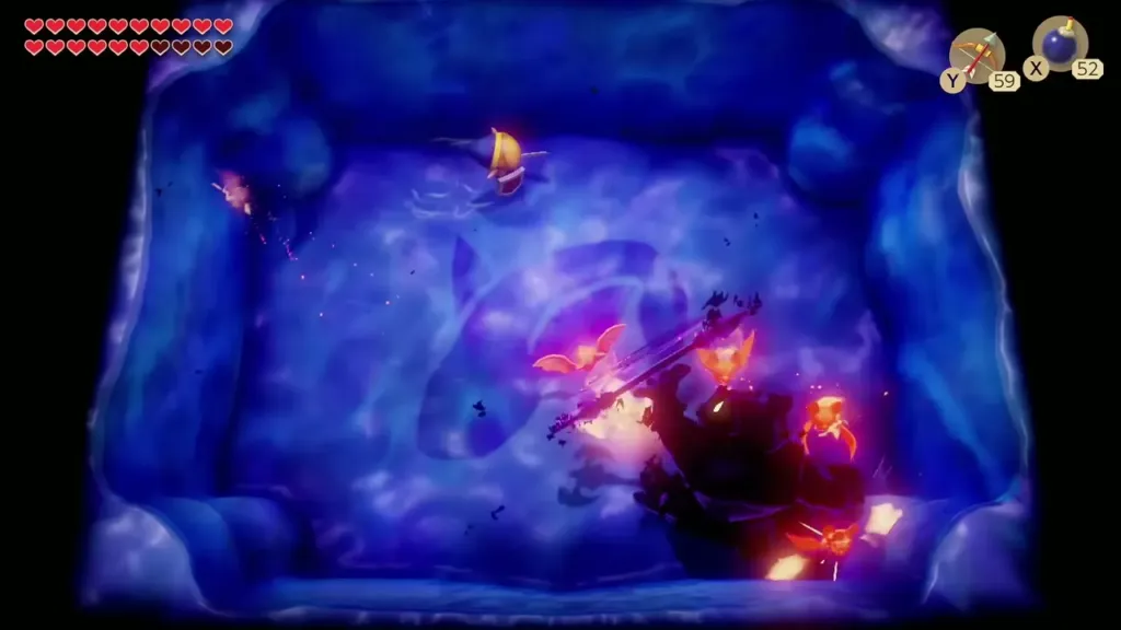 Fire Keese swirling around Ganon's Shadow as Link dodges from above