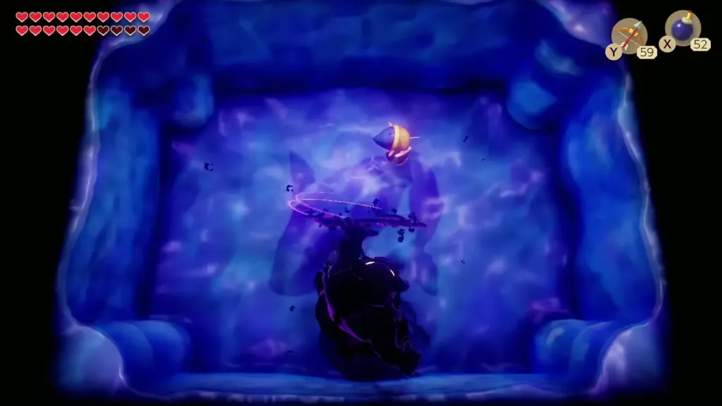 Link leaping over the arena with Ganon's Shadow and its spinning trident below