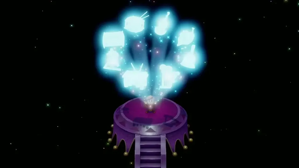 The eight Instruments flashing in a burst of light above Link's platform
