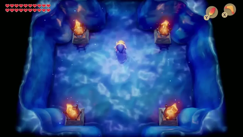 Link stepping out over the abyss between the four torches