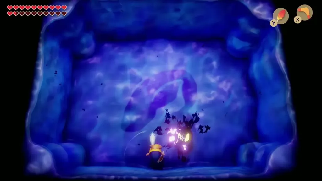 Link striking the dark Lanmola shadow in a burst of sparks