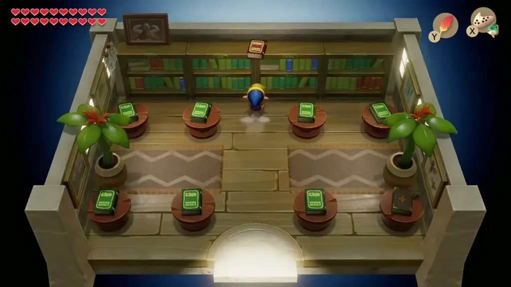 Link walking toward the dark book at the back of the Mabe Village Library