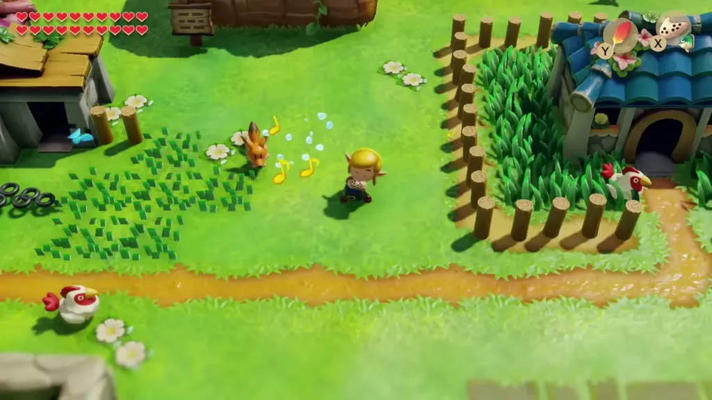 Link playing the Ocarina in Mabe Village with musical notes floating beside him