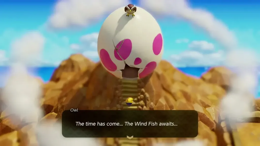 The Owl perched on the opened Egg telling Link the Wind Fish awaits