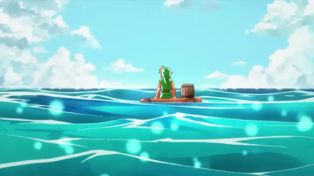 Link on his small raft drifting across the open sea in the ending