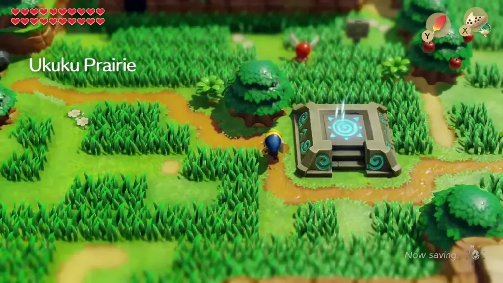 Link beside a save stone in Ukuku Prairie after the credits