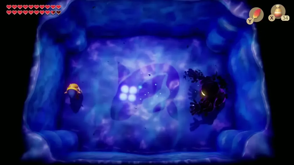 Four small energy balls drifting across the room as the shadow stands at the edge