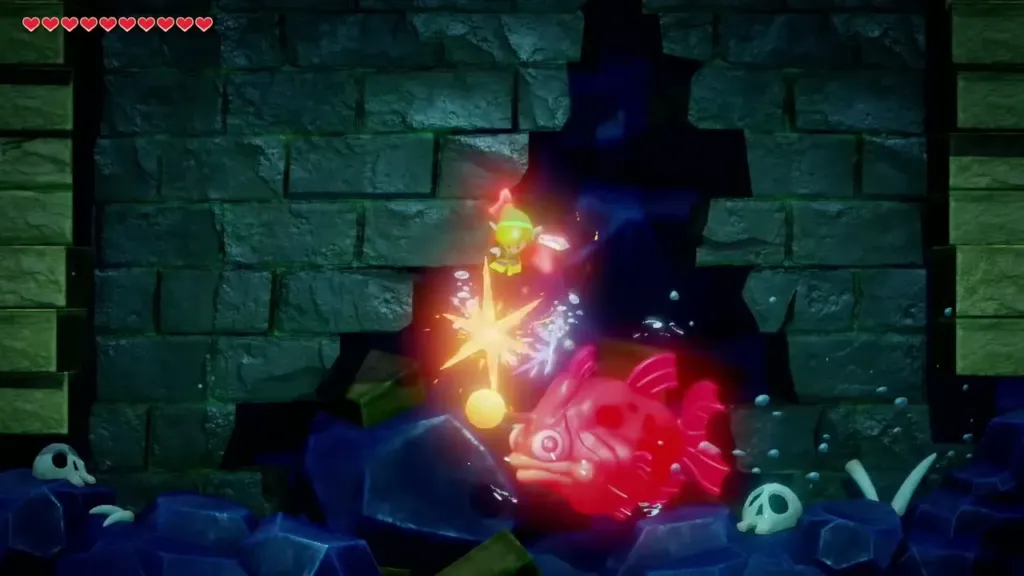 Link slashing the glowing lure of the Angler Fish underwater Link slashing the glowing lure of the Angler Fish underwater