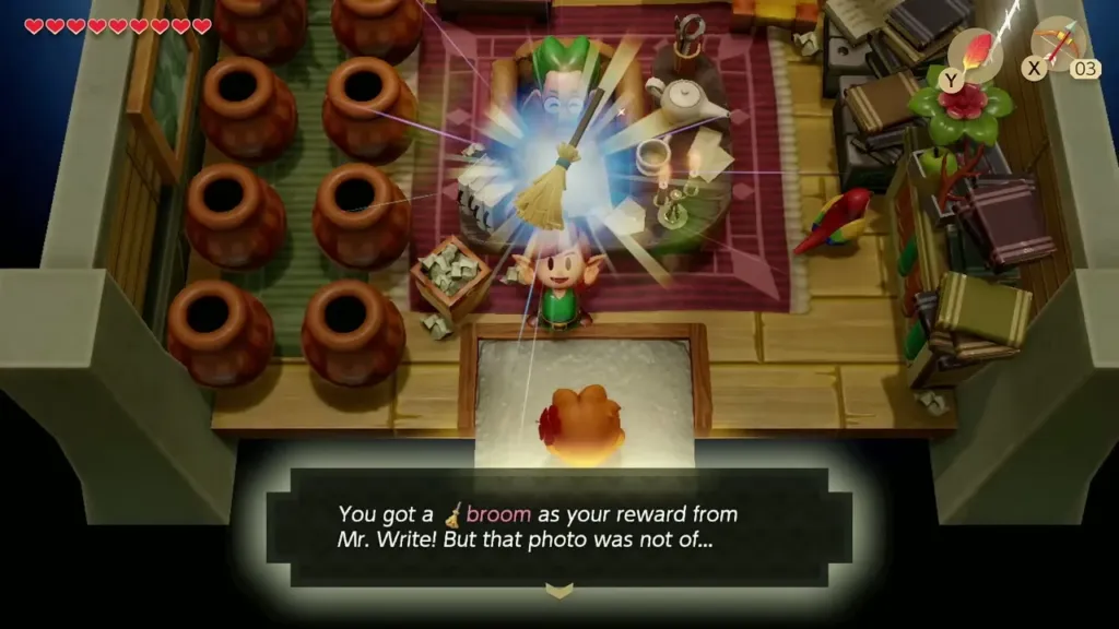 Link raising the Broom with the reward message Link raising the Broom with the reward message