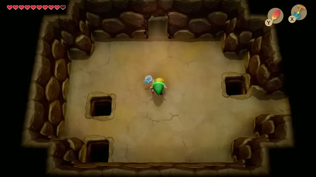 Link in the cave below the pit with the Angler Key beside him Link in the cave below the pit with the Angler Key beside him