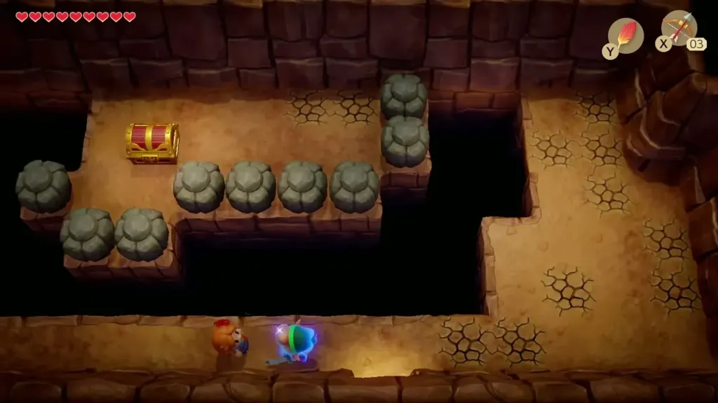 Link walking through the cave with Marin following behind Link walking through the cave with Marin following behind