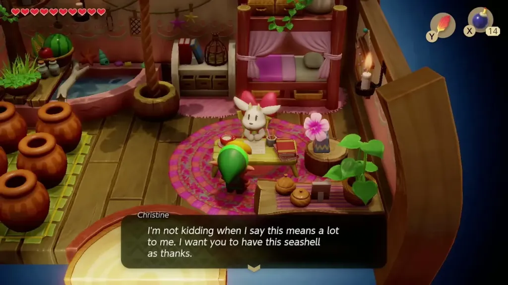 Christine thanking Link and offering a seashell Christine thanking Link and offering a seashell