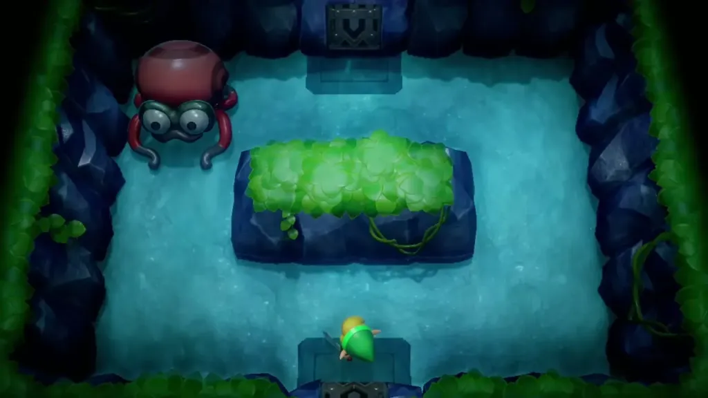 Link entering the flooded grass-island room with Cue Ball waiting in the corner Link entering the flooded grass-island room with Cue Ball waiting in the corner