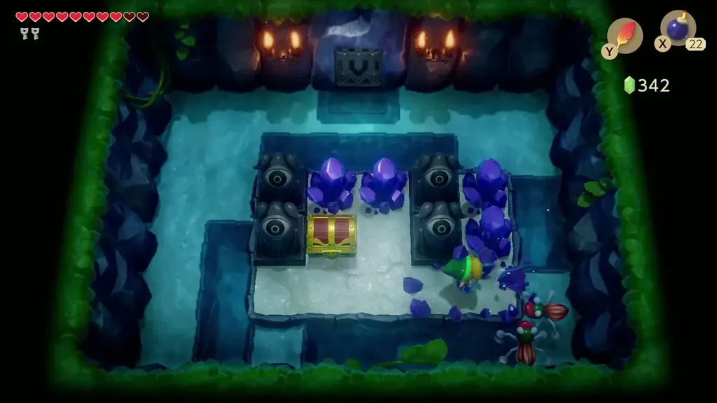 Link slashing through the blue crystal plants beside the chest Link slashing through the blue crystal plants beside the chest