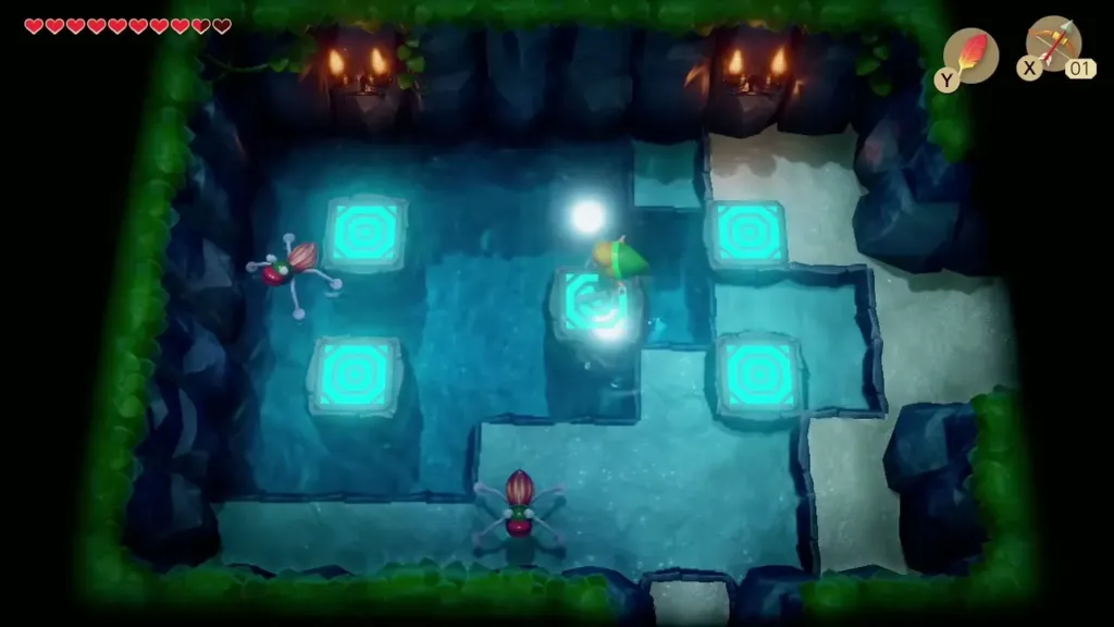 Link hopping across cyan tiles in a flooded room with Spark enemies Link hopping across cyan tiles in a flooded room with Spark enemies