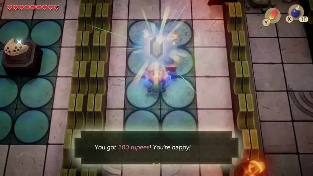 Link holding up 100 rupees from the chest with the Ocarina behind Link holding up 100 rupees from the chest with the Ocarina behind