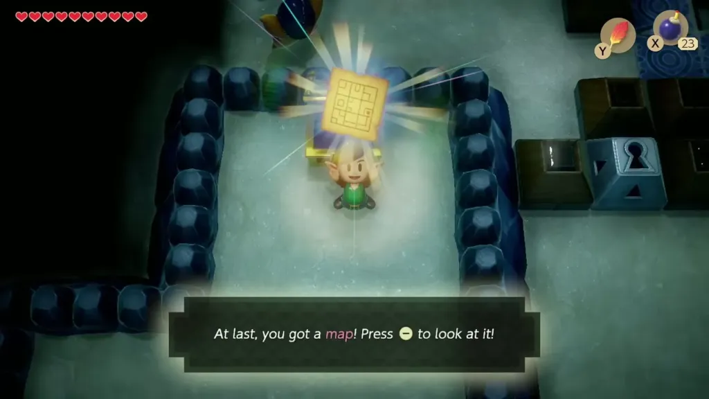 Link holding up the Dungeon Map above his head Link holding up the Dungeon Map above his head