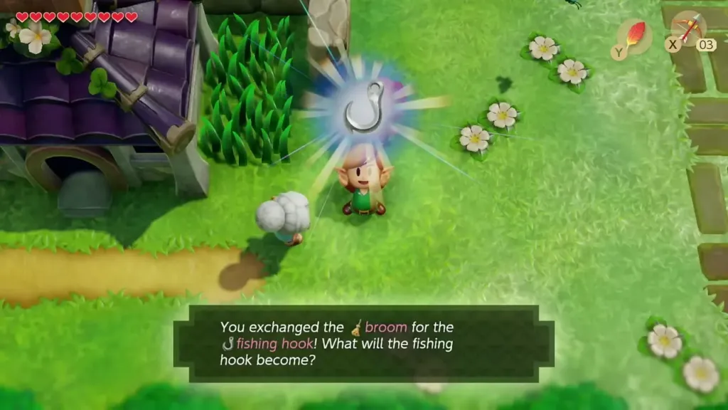 Link holding up the Fishing Hook after trading the Broom Link holding up the Fishing Hook after trading the Broom