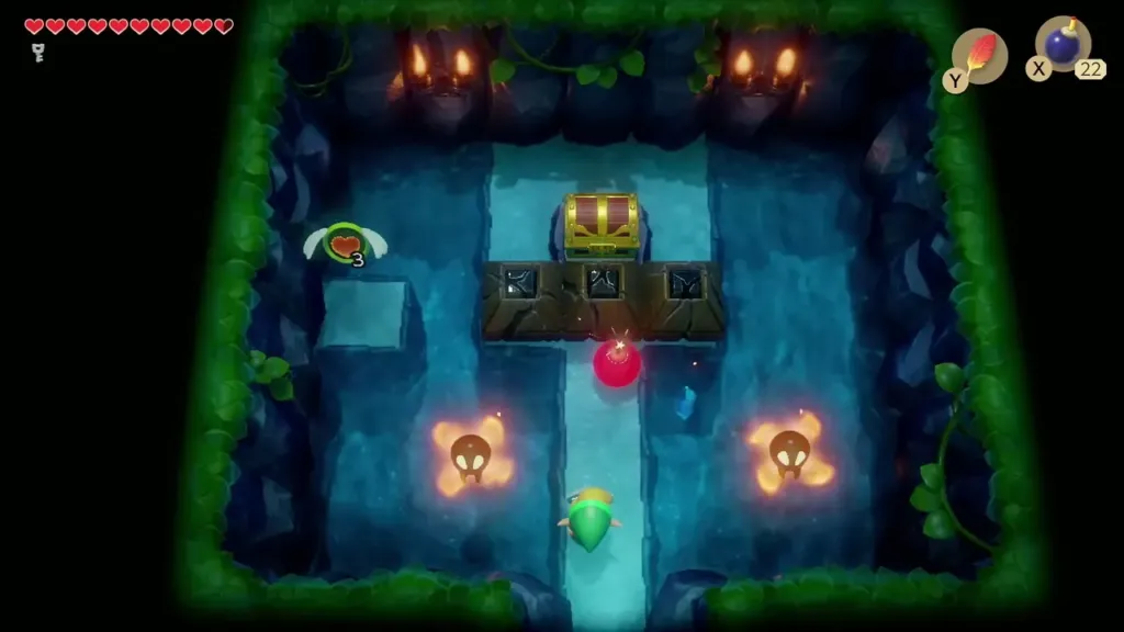 Narrow path through water past flame spirits toward a chest Narrow path through water past flame spirits toward a chest