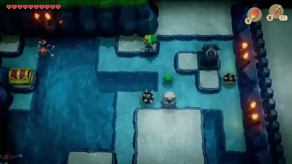 Link on a ledge in the flooded room with a chest across the water Link on a ledge in the flooded room with a chest across the water