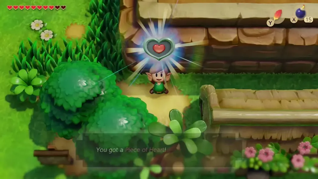 Link holding up a Piece of Heart behind Animal Village Link holding up a Piece of Heart behind Animal Village