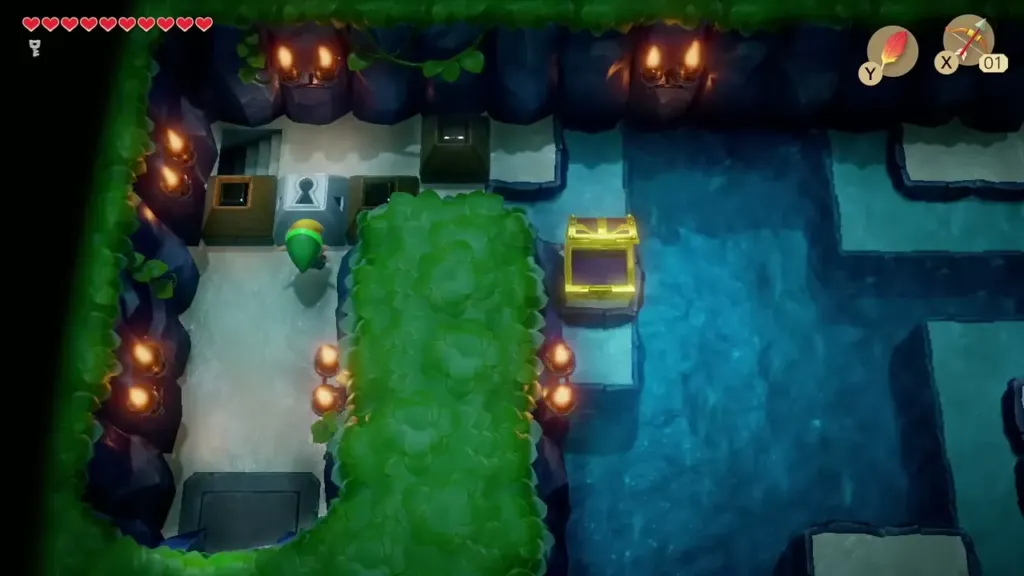 Link beside the lock block and stairs, with a chest across the water Link beside the lock block and stairs, with a chest across the water