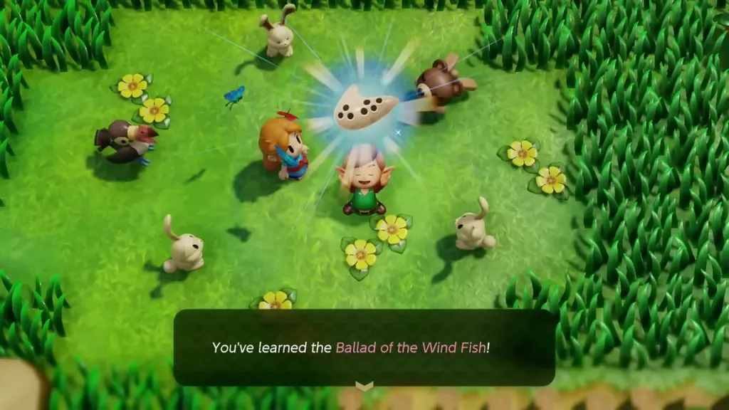 Link holding up the Ocarina with the You've learned the Ballad of the Wind Fish message Link holding up the Ocarina with the You've learned the Ballad of the Wind Fish message