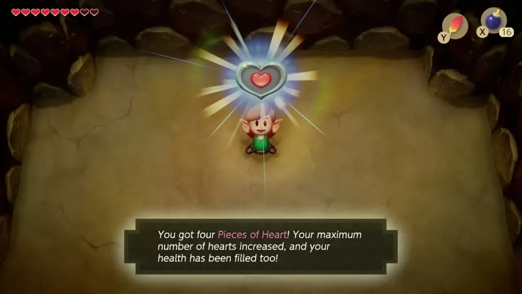 Link holding up a Piece of Heart in the hidden room Link holding up a Piece of Heart in the hidden room