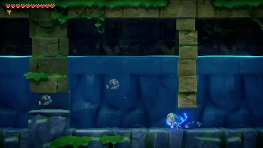 Link swimming along the underwater corridor floor with a blue glow Link swimming along the underwater corridor floor with a blue glow