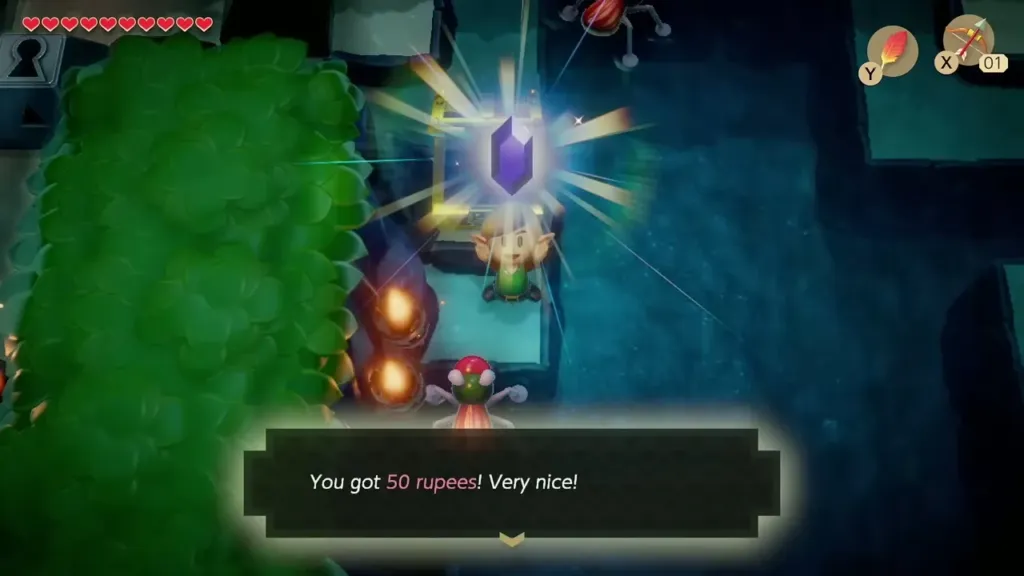 Link holding up a purple rupee from the chest near the key-hole block Link holding up a purple rupee from the chest near the key-hole block