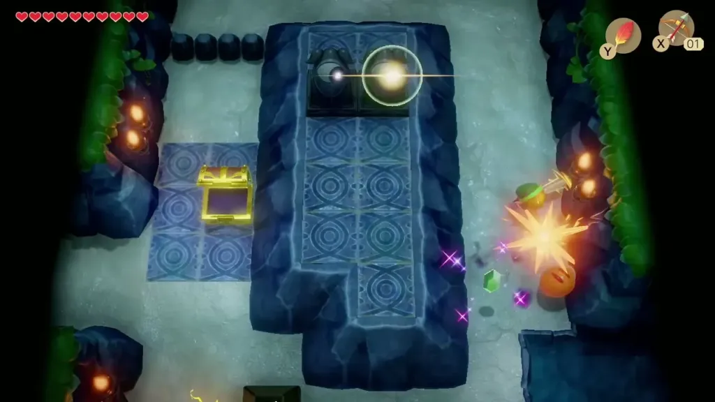 A rupee bursting out beside the chest next to the blue-tile block A rupee bursting out beside the chest next to the blue-tile block