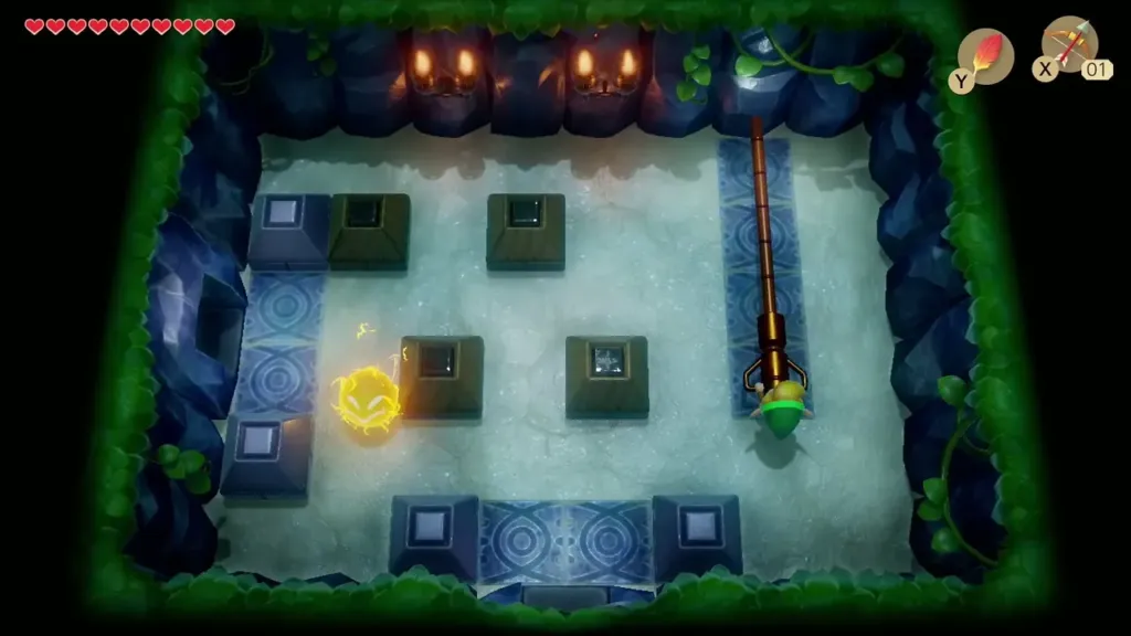 Link pulling the long lever in the upper right while a Spark drifts across the room Link pulling the long lever in the upper right while a Spark drifts across the room